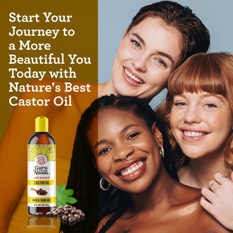 GuruNanda Castor Oil (8 Fl oz) - 100% Pure, Cold Pressed & Hexane-Free Oil - Natural Carrier Oil to Support Growth for Nails, Hair, Eyebrows & Eyelashes - Promotes Skin Hydration & Moisturization