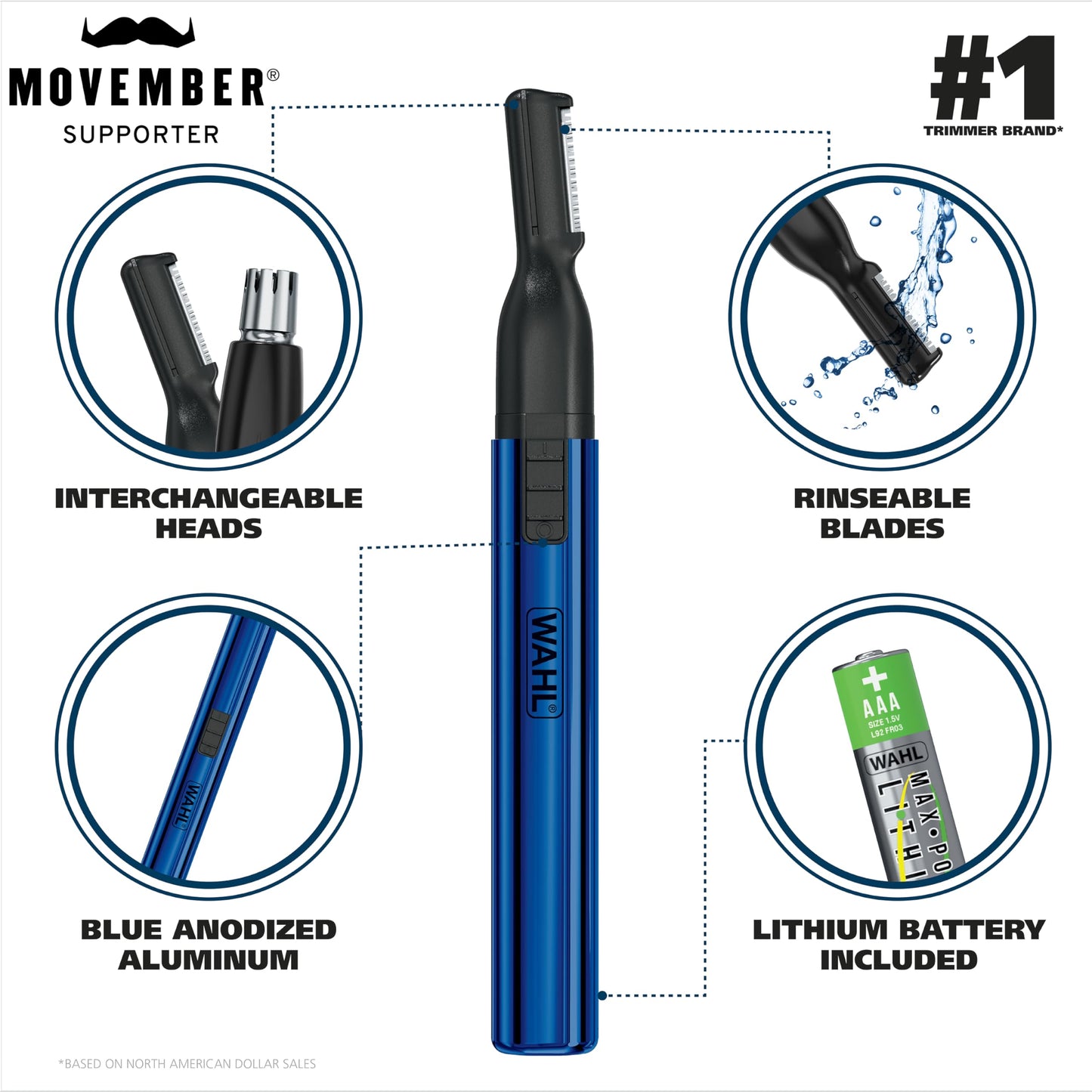 Wahl Lithium 2 in 1 Battery Pen Detail Touch Up Trimmer for Nose, Ear, Neckline, Eyebrow, & Other Detailing - Blue - by The Brand Used by Professionals - Model 5643-200