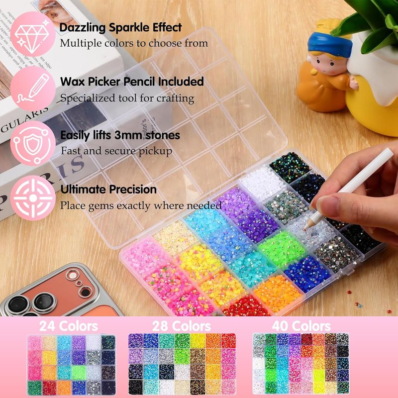 Skiennix 24 Colors Resin Jelly Rhinestones - 24000 Pcs Multicolor 3mm Flatback Gems for Nail Art & Crafts