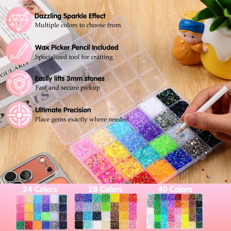 32000Pcs Resin Jelly Rhinestones for Bedazzling, 3mm Multicolor Flatback Gems DIY Resin Rhinestone Kit for Bedazzling with 3Pcs B7000 Jewelry Glue, for Diamond Art Bedazzled Nail Art & Crafts