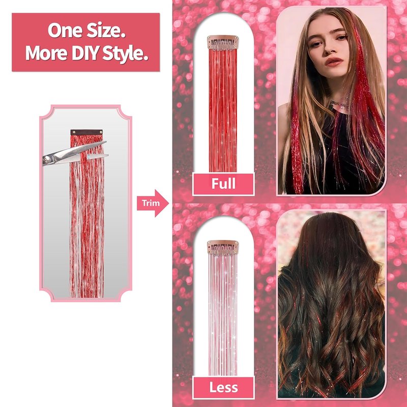 ONROCL Hair Tinsel Extensions - 12 Pcs 24 Inch Colorful Glitter Clips for Festival & Party Looks