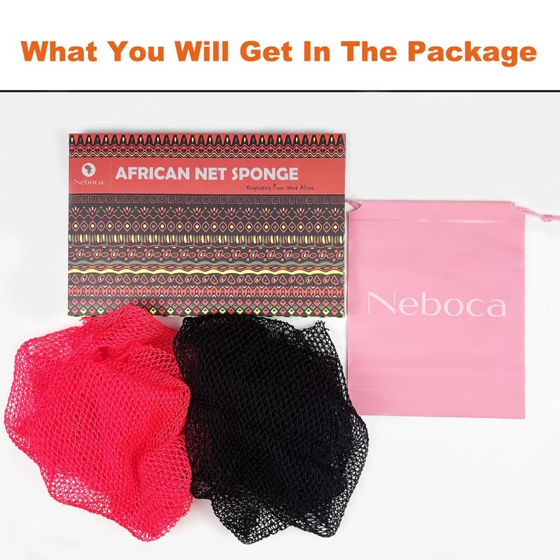 African Net Sponge Authentic African Exfoliating Net Sponge with Knots Afro Body Scrub Back Scrubber Africa Wash Net Cloth Real Sapo Bath Sponge for Shower (Pink & Black)