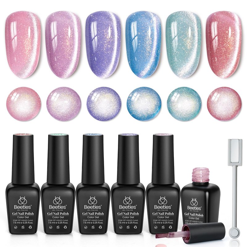 Beetles Romantic Galaxy Cat Eye Gel Nail Polish Set - 6 Colors Glitter Gel Polish Kit Pink Blue Purple Red Green Velvet Gel Magnet Soak Off UV French Nail Art Manicure Spring Summer Gift for Women