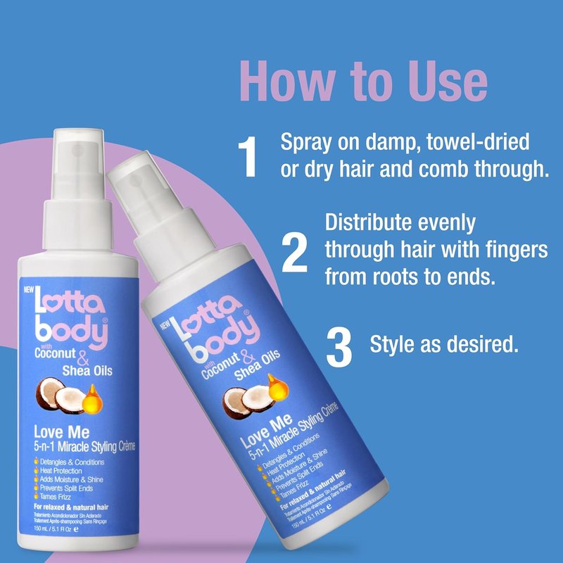 Lottabody Love Me 5-in-1 Leave-In Treatment - Lightweight Coconut & Shea Oil Spray for Moisture, Shine & Frizz Control | 5 oz