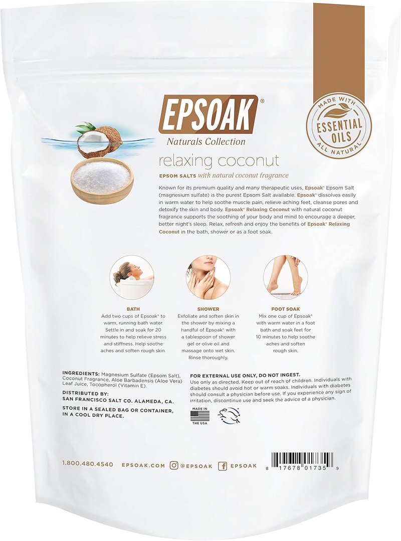 Epsoak Epsom Salt - 2 lb. USP Magnesium Sulfate with Coconut Scent | Resealable Bag, Made in USA