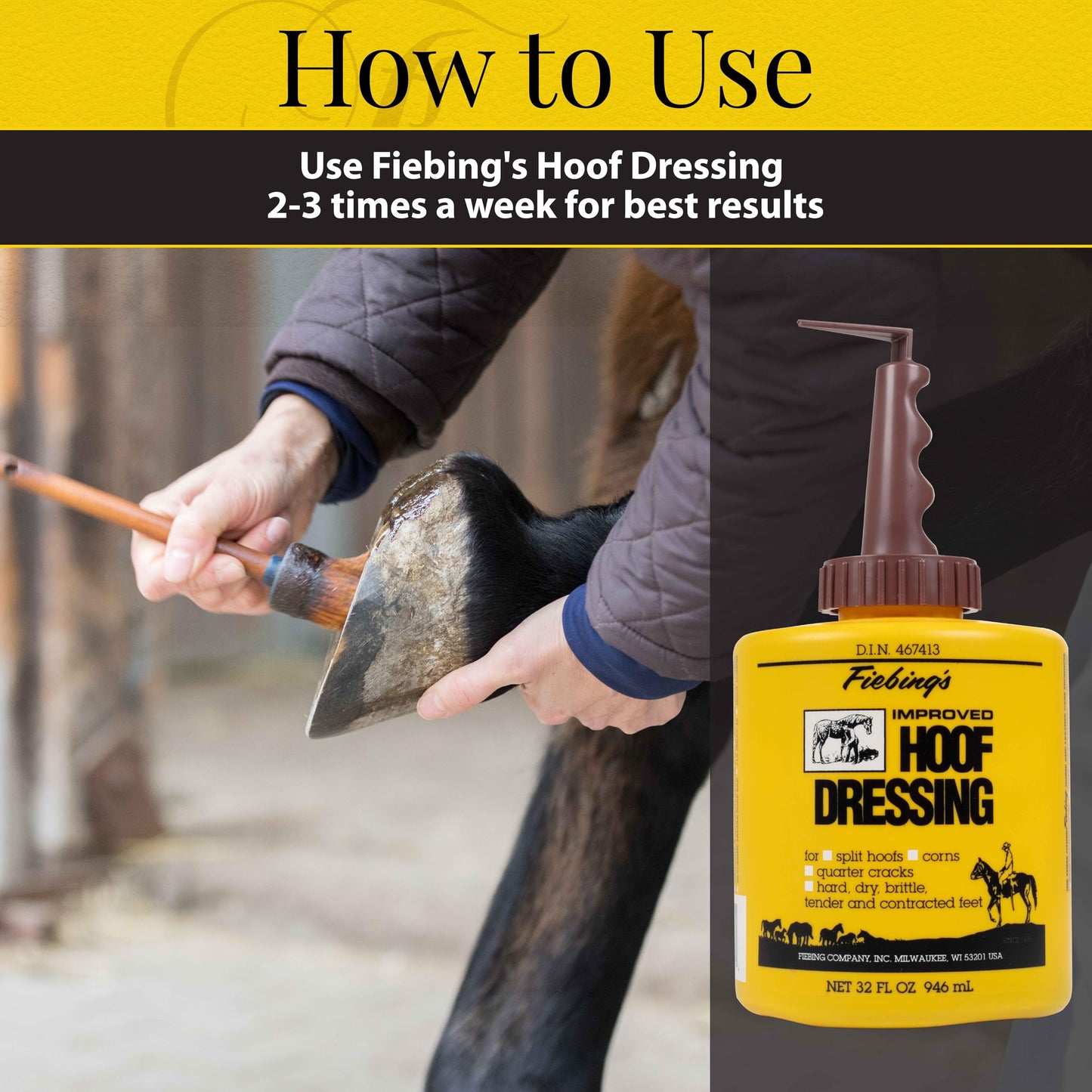 Fiebing's Hoof Oil for Horses with Mineral Oil (32 oz) - Hoof Dressing with Applicator Brush to Condition Dry, Split Hooves & Corns - Prevents Cracks, Splits & Contracted Feet with Semi Gloss Finish