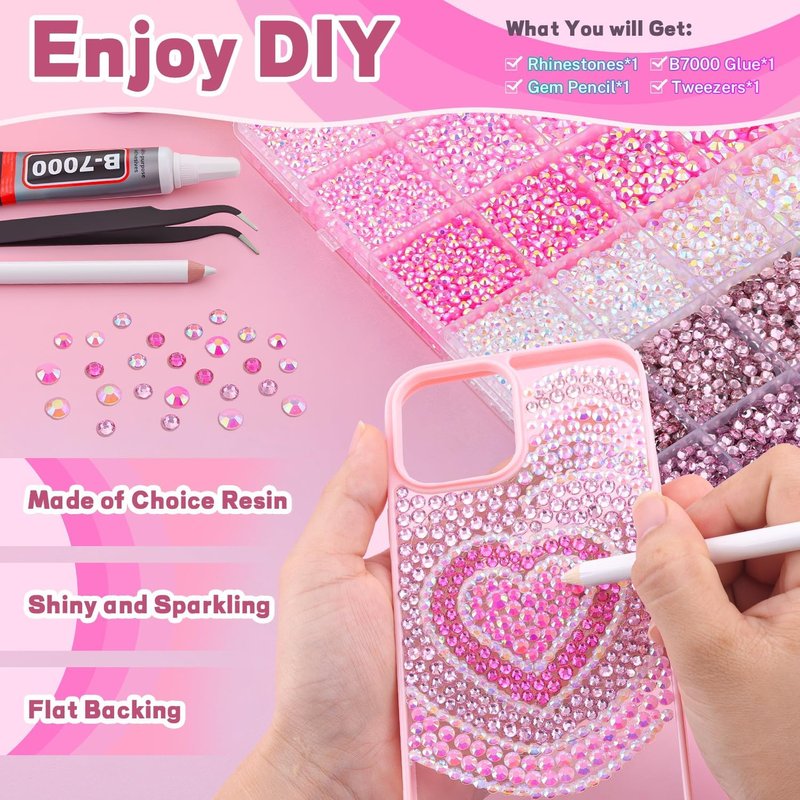 Skiennix 20000 Pcs Pink Rhinestones - Bedazzling Kit with B7000 Glue for DIY Crafts & Nail Art | Assorted Sizes 3-6mm