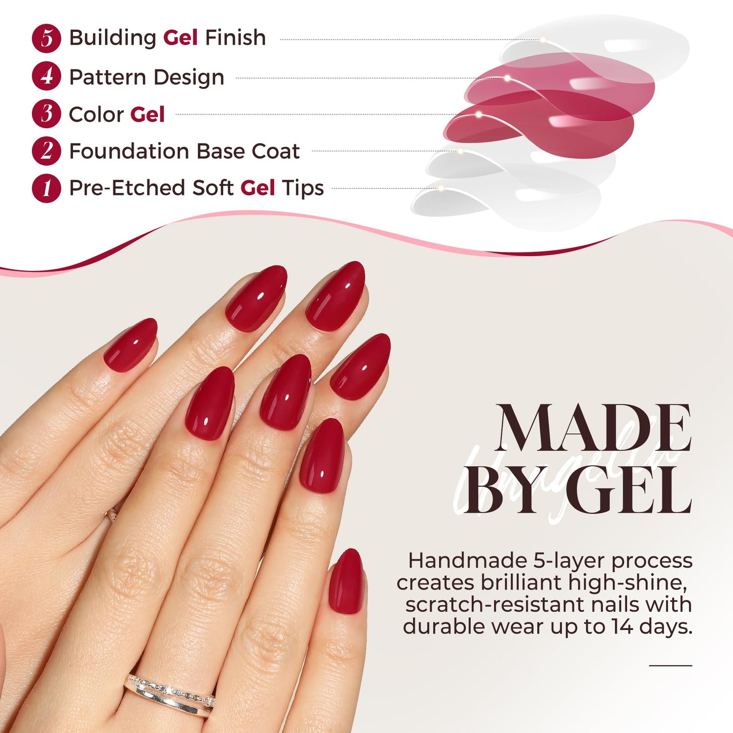 UNA GELLA Red Press On Nails Almond: Valentine's Day Soft Gel Press Ons with Nail Glue, 16 Sizes - 32 Reusable Short Fake Nails Kit, Mani Gift