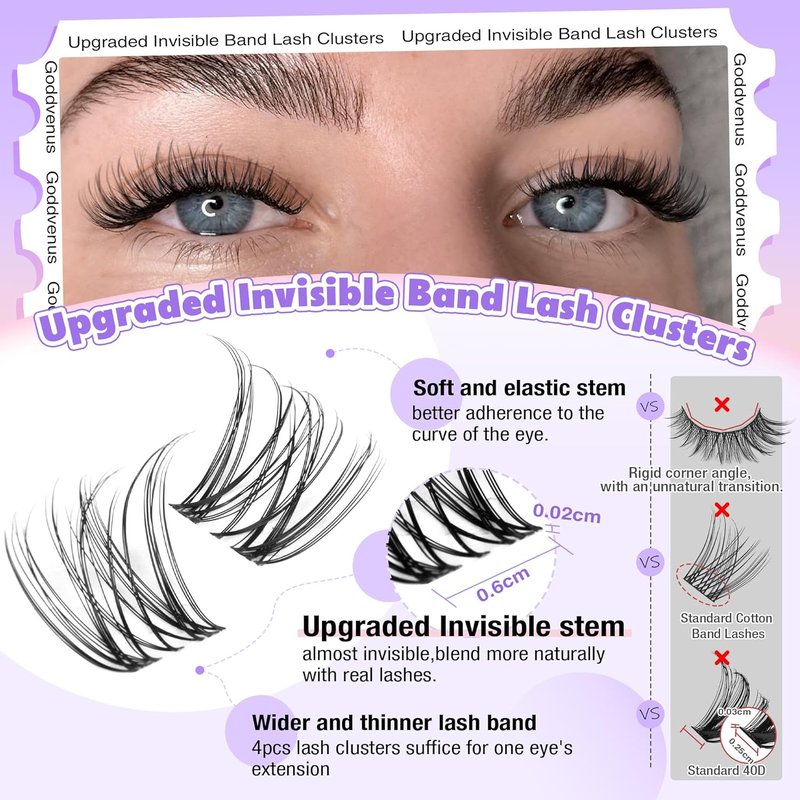 Goddivas Invisible Band Lash Clusters Kit - Wispy Natural DIY Eyelash Extensions | C Curl 10-16MM