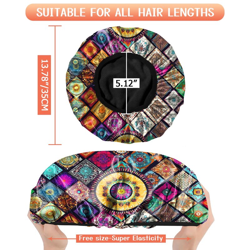 Cabreche Luxury Shower Cap Terry Lined Reusable Triple Layer Waterproof Hair Elastic Caps Shower Bath Hat for Women Girls Cute Aesthetic-Mandela