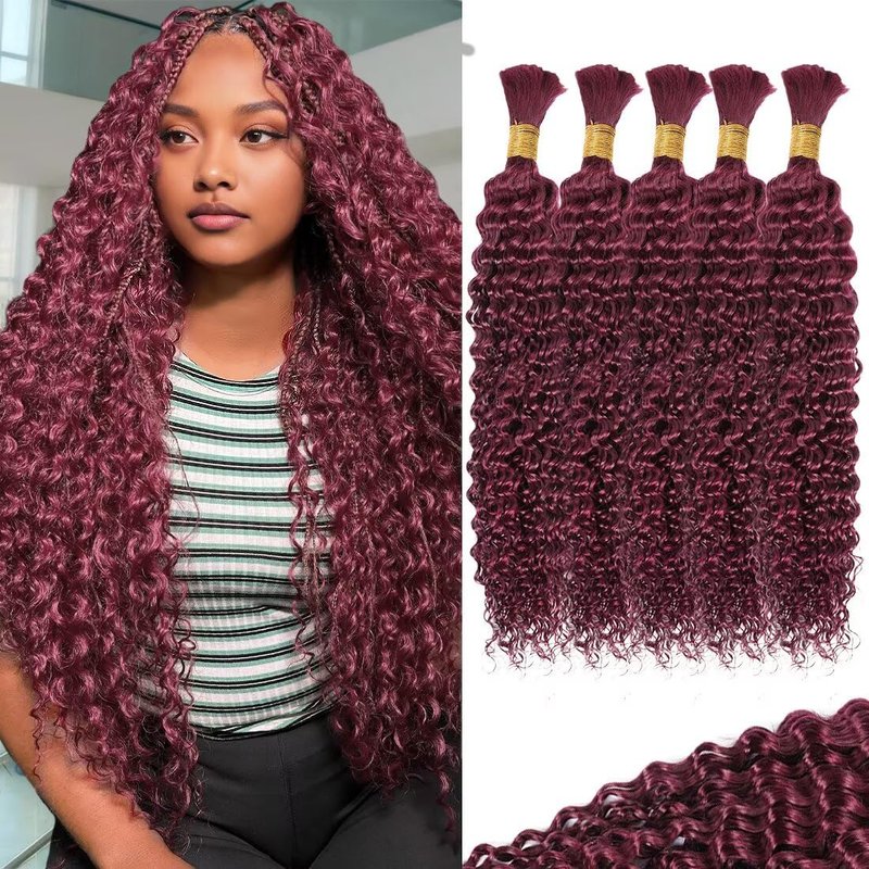 160g 5 Bundles 99j Red Burgundy Human Braiding Hair 22 Inch Deep Water Wave Bulk Human Hair for Braiding No Weft 12A Brazilian Virgin Curly Human Hair Extensions for Boho Braids