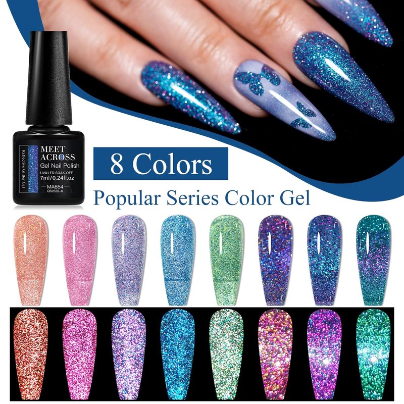 MEET ACROSS 12PCS Gel Nail Polish Set Glitter Gel Polish Pink Blue Purple Green Nail Polish Kit Soak Off Uv/Led Nail Gel DIY Manicure Gift for Her 8 Colors