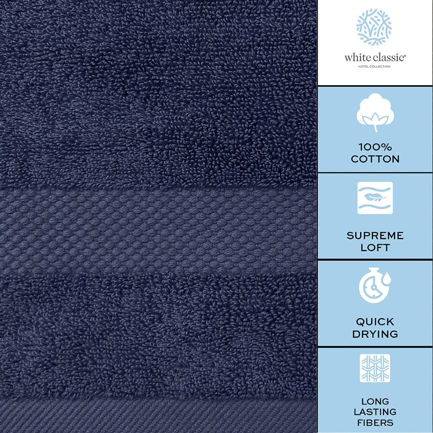 White Classic Luxury Navy Blue Hand Towels - Soft 100% Turkish Cotton | Highly Absorbent Hotel spa Bathroom Towel Collection | 16x30 Inch | Set of 6