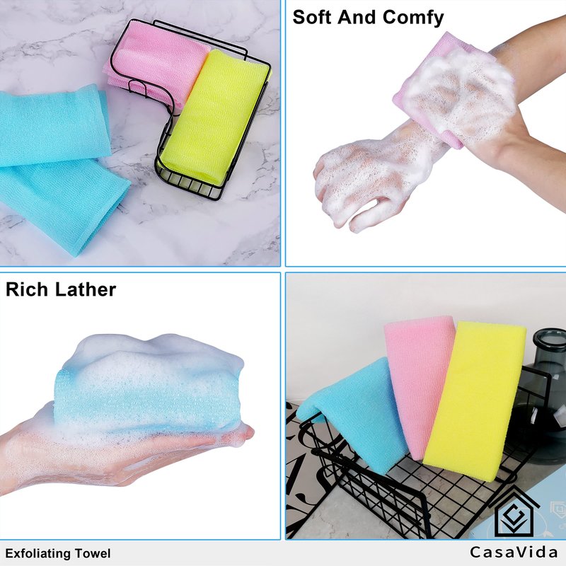 CASAVIDA Exfoliating Washcloth Back Scrubber for Shower Exfoliating Body Scrubber Japanese Beauty Washcloth African Net Sponge Bath Korean Loofah Towel Wash Cloth Shower Scrub Towel 3 Pack (Blue x 3)