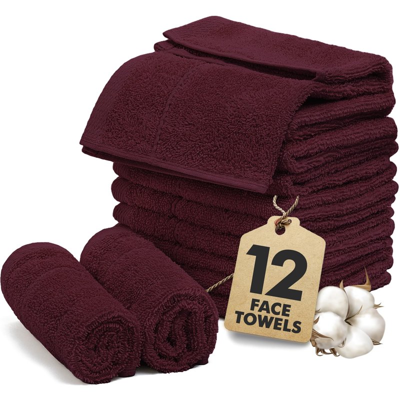 Novo Home Face Towels Pack of 12 – 100% Cotton Wash Cloths (12x12 inch) – Soft, Quick Dry & Highly Absorbent Hand Towels for Bathroom, Spa, Gym, Kitchen and for Daily Use - (Burgundy)
