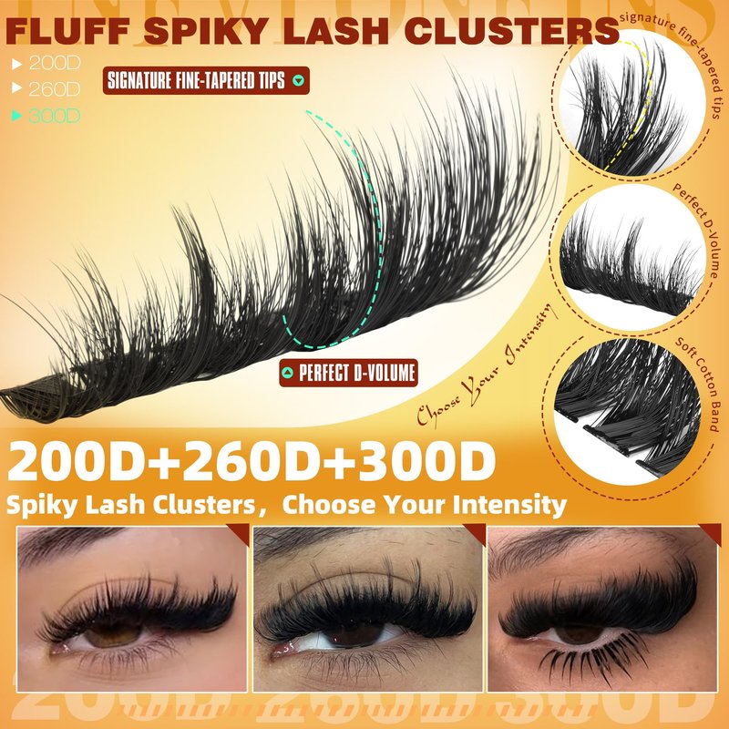 Fluffy Lash Clusters with Spikes 200D+260D+300D Cluster Eyelash Extensions Thick Eyelash Clusters Faux Mink Individual Lashes Full Volume Cluster Lashes 12-20MM Reusable Eyelashes by TNFVLONEINS