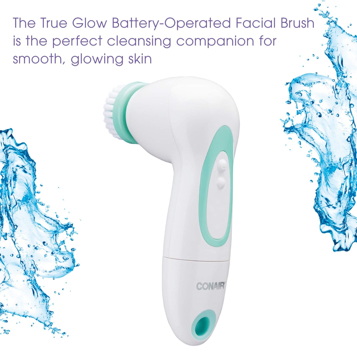 True Glow by Conair Battery Operated Facial Cleansing Brush, Sonic Face Scrubber with 3 Brush Heads, Waterproof Skin Care Tool, Model FCB6