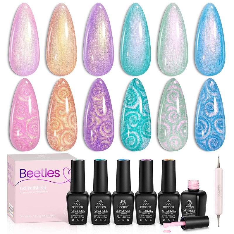 Beetles Pearl Gel Polish, 6 Colors Shimmer Glitter Nail Polish Pink Purple Orange Mermaid Nail Drawing Nail Gel Dreamy Carousel Soak Off Uv Swirl Shell Thread Effect DIY Manicure Gift for Women