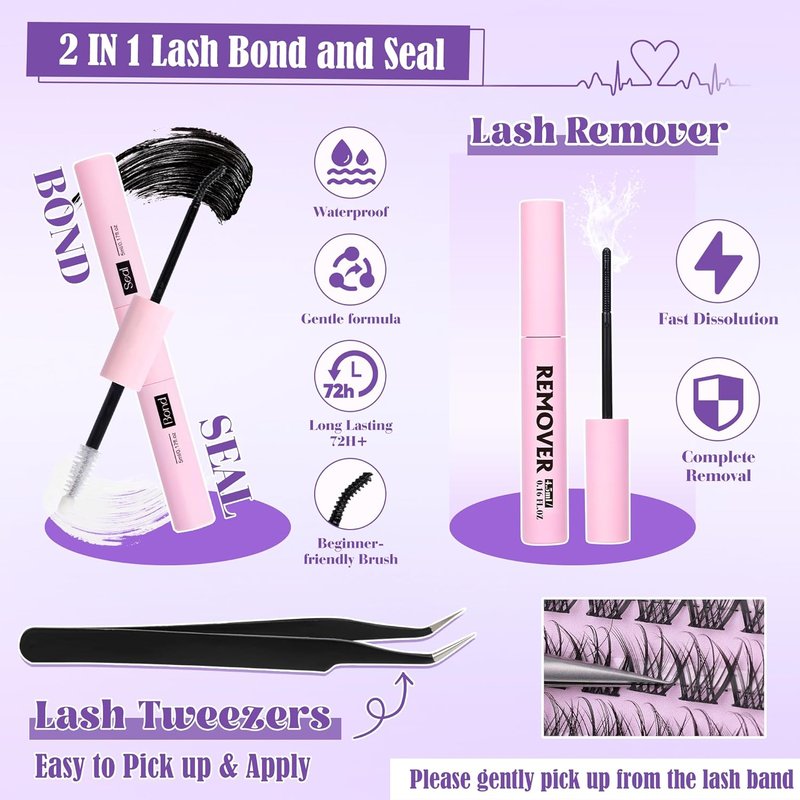 Natural Lash Clusters Kit - Wispy Eyelash Extensions with C Curl 9-16mm | Includes Glue, Remover & Tweezers