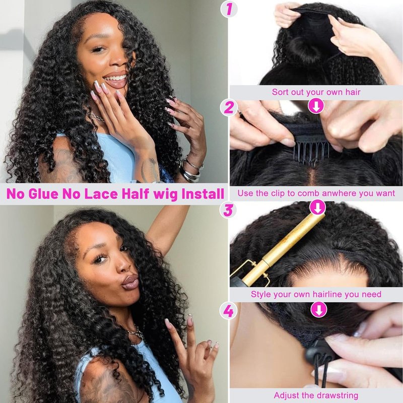 NZINZI Water Wave Half Wig Human Hair 3 In 1 Seamless Flip Over Half Wigs for Black Women Ready to Go Headband Wig 180% Density Drawstring Curly Half Wig Glueless Natural Black 26 Inch