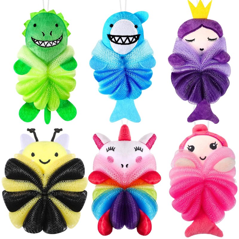 ASTRYAS 6 Pcs Bath Loofahs Kids Toddler Cute Animal Bath Sponges Loofah Pouf Body Scrubber Mesh Sponges for Children Shower Washing Exfoliating