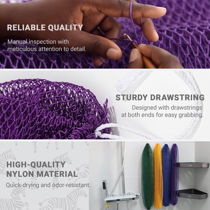 JACCOBEE African Net Sponge Authentic - 4 Pack Long Exfoliating Bath Net Sponge, Bath Loofah, Daily Back Scrubber, Suitable for All Skin Types
