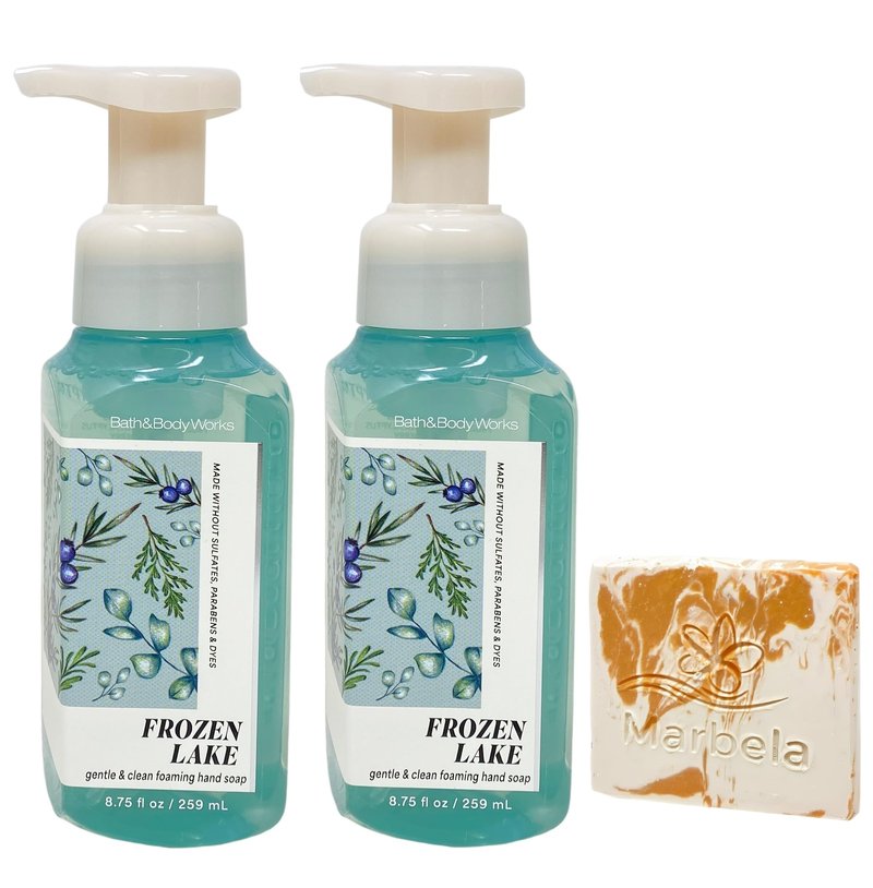 Bath & Body Works Frozen Lake - 2 Gentle & Clean Foaming Hand Soap - with a Peach Gardenia Sample Soap