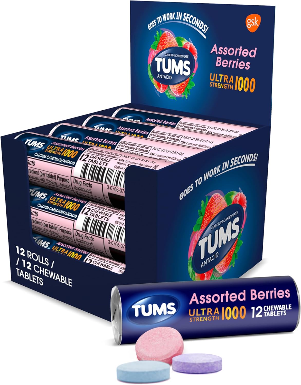 TUMS Ultra Strength Antacid Tablets - Chewable Heartburn Relief | Assorted Berries, 12 Pack of 12 Count Rolls