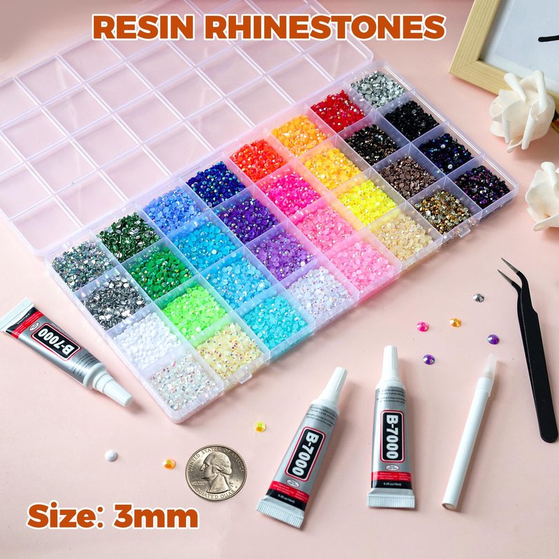 38000Pcs 32 Colors Jelly Rhinestones for Bedazzling, 3mm Resin Flatback Gems for Diamond Art, Bedazzler Kit with 3Pcs B7000 Jewelry Glue for Crafting Bedazzled Book Shoes Nail