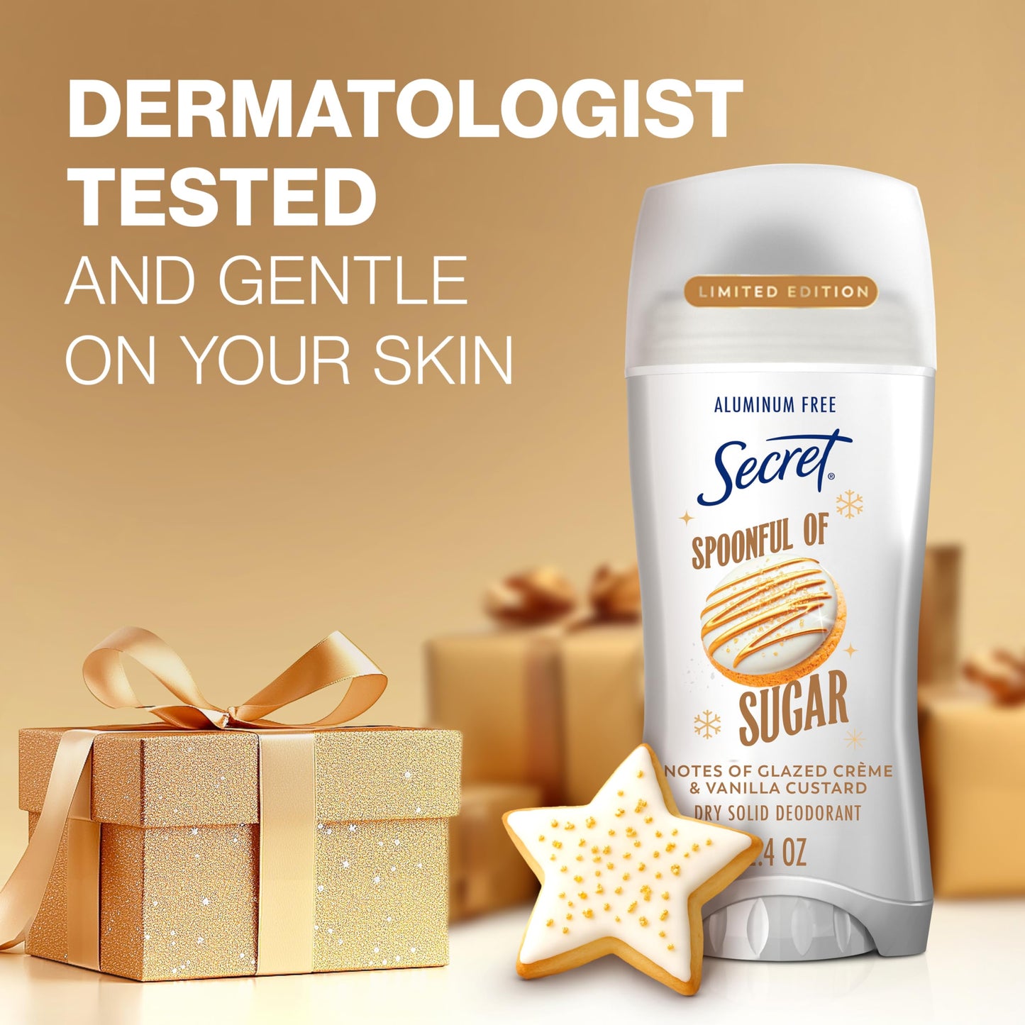 Secret Aluminum Free Deodorant for Women, 48hr Odor Protection with Pro-Hyaluronic Acid, PH Balancing Minerals, Holiday Dry Solid, Spoonful of Sugar with Glazed Crème & Vanilla Custard Scent, 2.4 oz