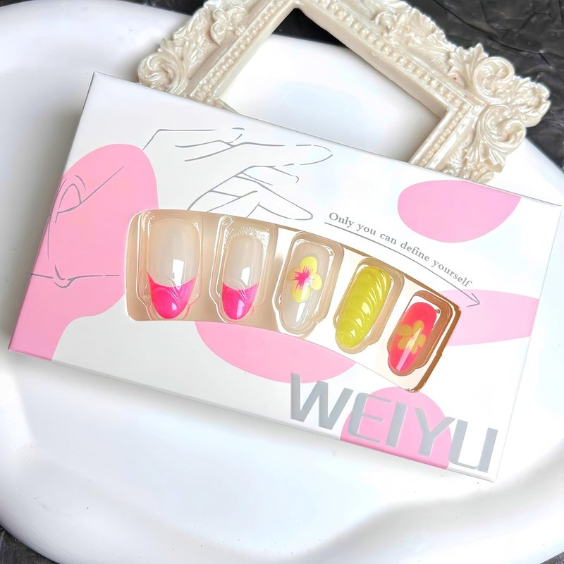 Almond Flower Press-On Nails - 24 Pcs Pink Yellow French Tips with Water Ripple & Starfish Design | Acrylic Set