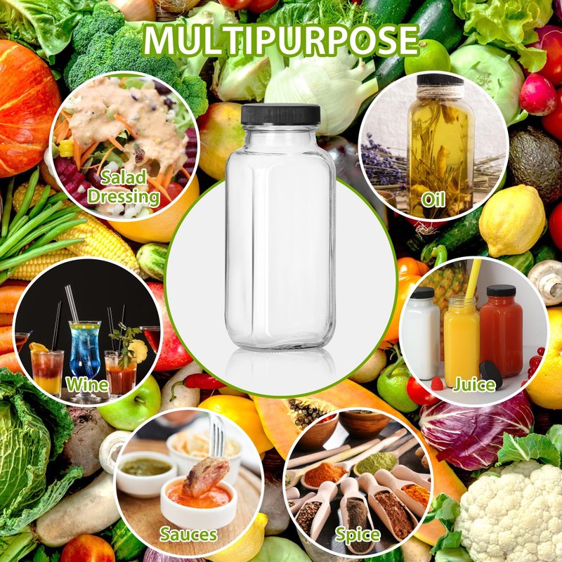 Alotpower 8 oz Glass Juice Bottles with Lids 12Pack, 240ml Square Reusable Drinking Bottles for Juicing, Water, Kombucha Juices, Milk, Beverages and More (8fl.oz, Set of 12)