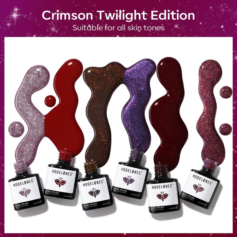 modelones Gel Nail Polish Set 6 Colors Winter Dark Red Burgundy Brown Purple Glitter Gel Nail Polish Color Changing Sparkle Shimmer Polish Kit Soak Off UV Nail Art DIY Salon Gifts For Women Girl