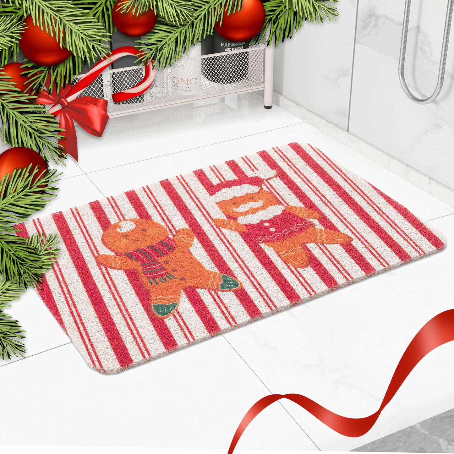 Hargiis Christmas Non-Slip Bathtub Mat, Anti Slip Shower Mat, Fast Drying Bathtub Mats, Foot Scrubber Mat for Tub, Floor, Bathroom, Kitchen, Home, Hotel (Gingerbread Santa, 40"x16")