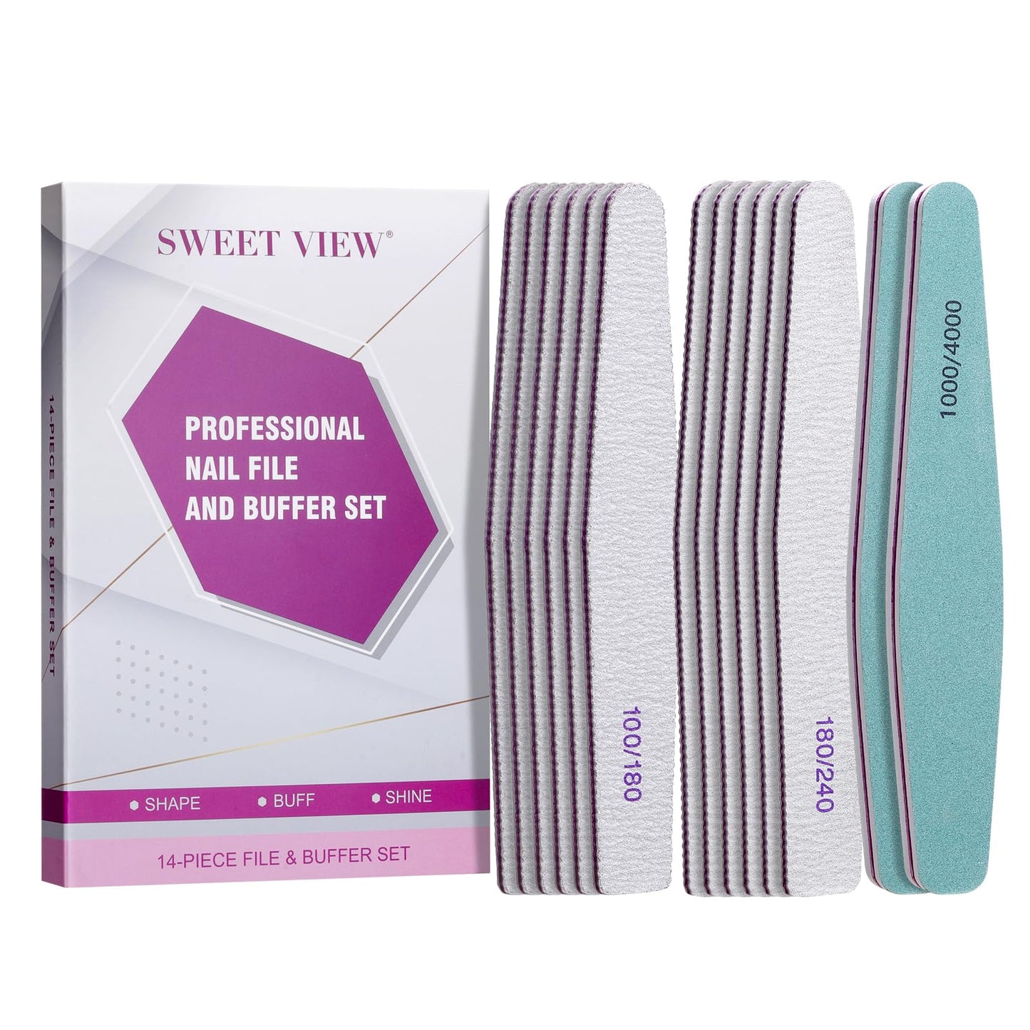 SWEET VIEW 14PCS Nail File and Buffer Set, 100/180 180/240 Grit Emery Boards for Acrylic Gel Natural Nails, with 1000/4000 Grit Buffer Block for High Shine, for Women
