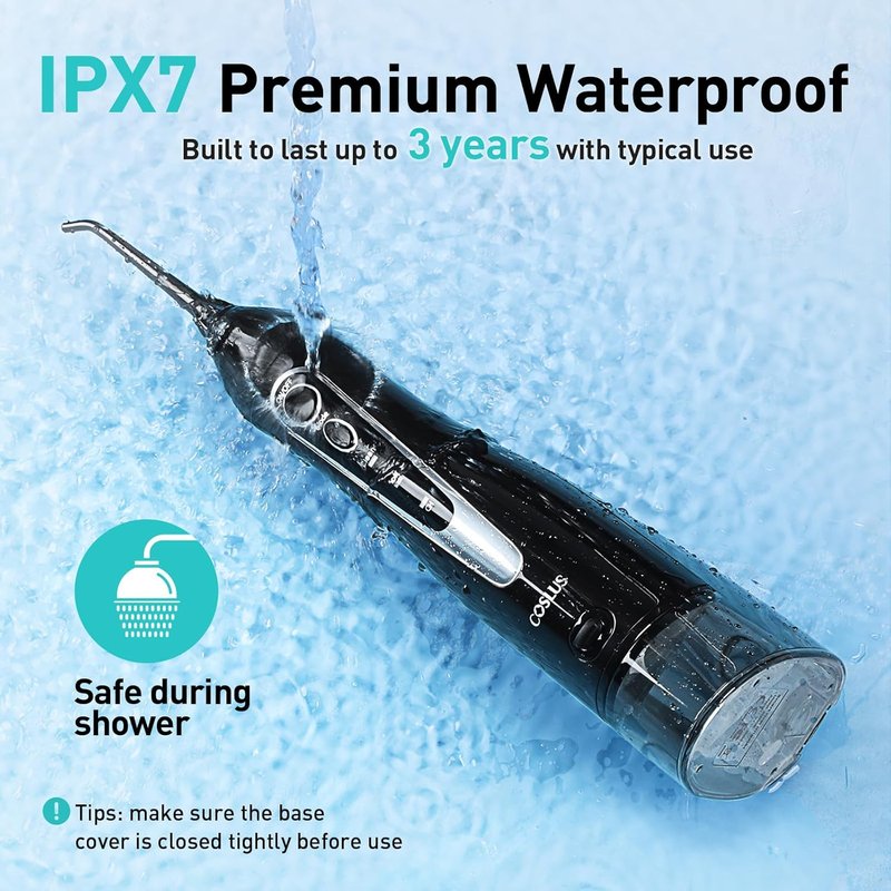 COSLUS Water Dental Flosser Teeth Pick C20: ADA Accepted, Portable Cordless Oral Irrigator 300ML Rechargeable Travel Irrigation Cleaner IPX7 Waterproof Electric Flossing Machine for Teeth, Black