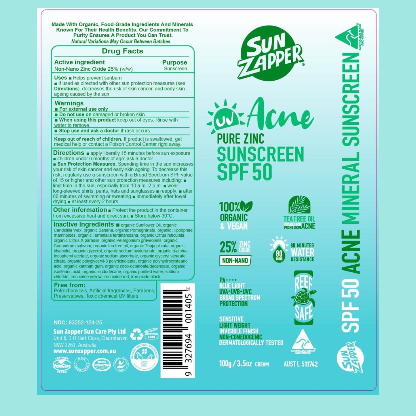 Sun Zapper Acne Pure Zinc Face Sunscreen SPF 50, Non-Comedogenic Organic Mineral Sunscreen with Tea Tree Oil for Acne-Prone and Oily Skin, 25% Non-Nano Zinc Oxide, Reef Safe, 100g (3.5 oz)
