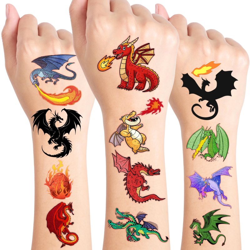 96PCS Dragon Pre-cut Temporary Tattoos Birthday Party Supplies Favors Decorations Knight Dragon Super Cute Fake Tattoos Stickers for Kids Boys Girls School Classroom Rewards Gifts Ideal Halloween