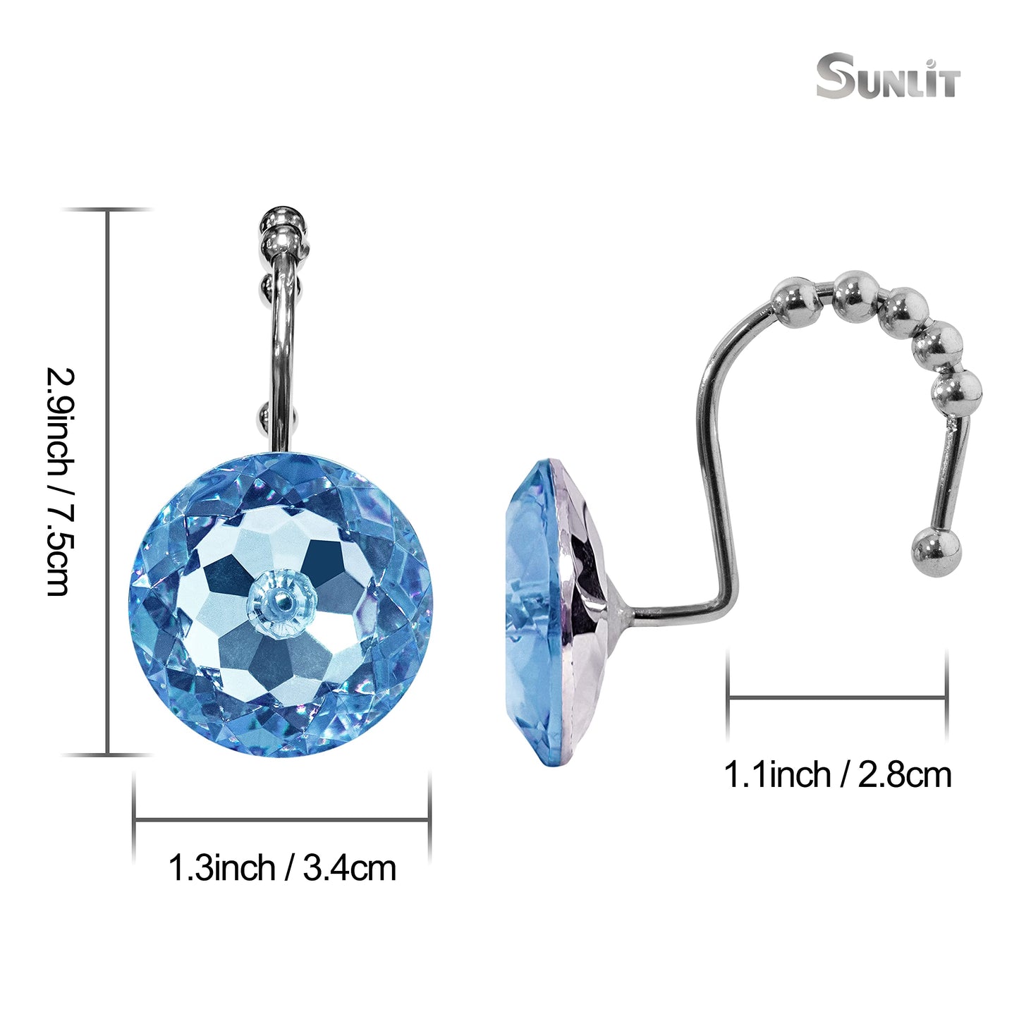 Sunlit Luxury Design Round Blue Diamond Crystal Gem Bling with Glide Balls Shower Curtain Hooks, Rust Proof Metal Rhinestones Glam Shower Curtain Rings-12 Pack