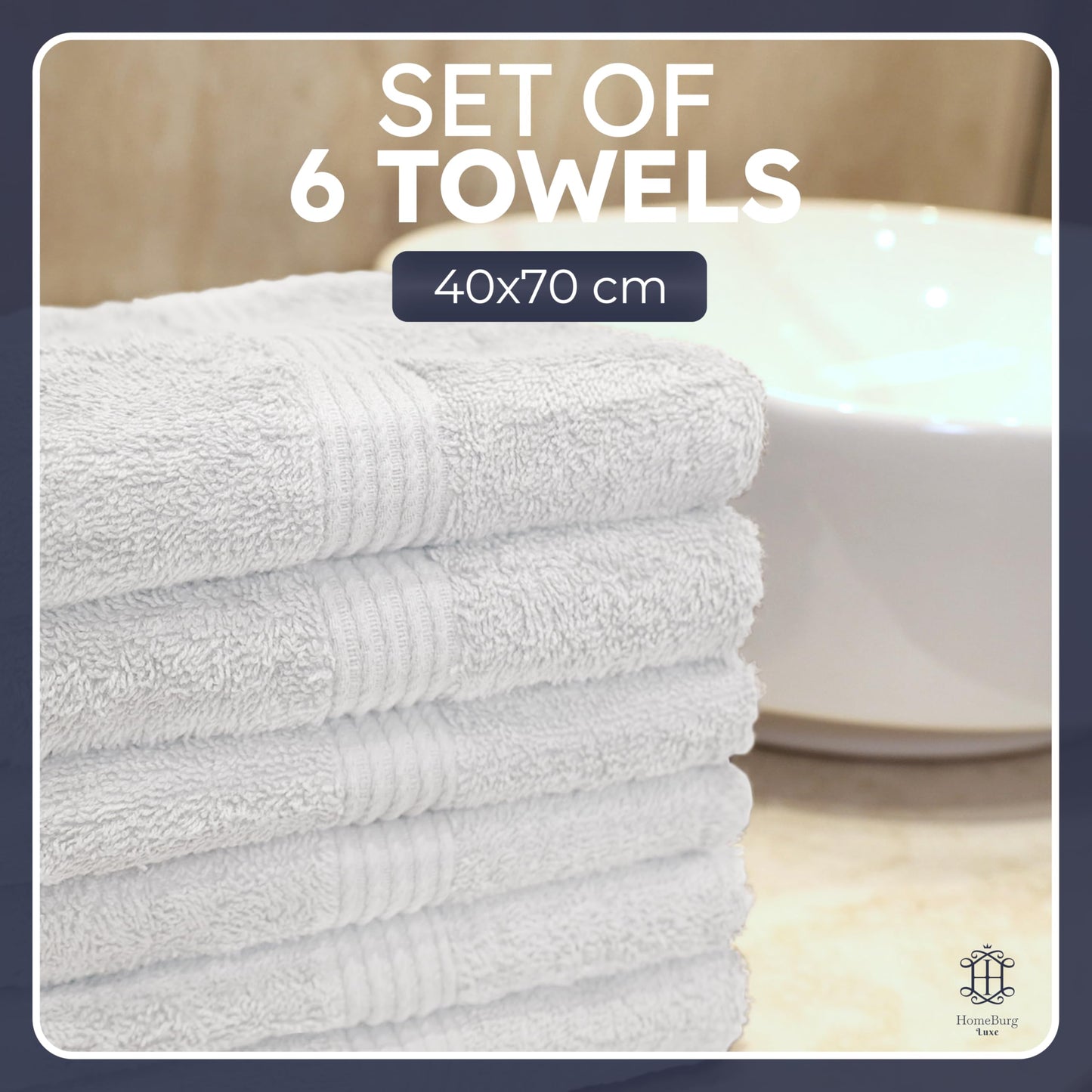 HomeBurg Luxe 6-Piece Hand Towel Set – Soft & Absorbent Cotton, Hotel Quality, Quick-Drying, Easy Care, 16 x 28 in (White)