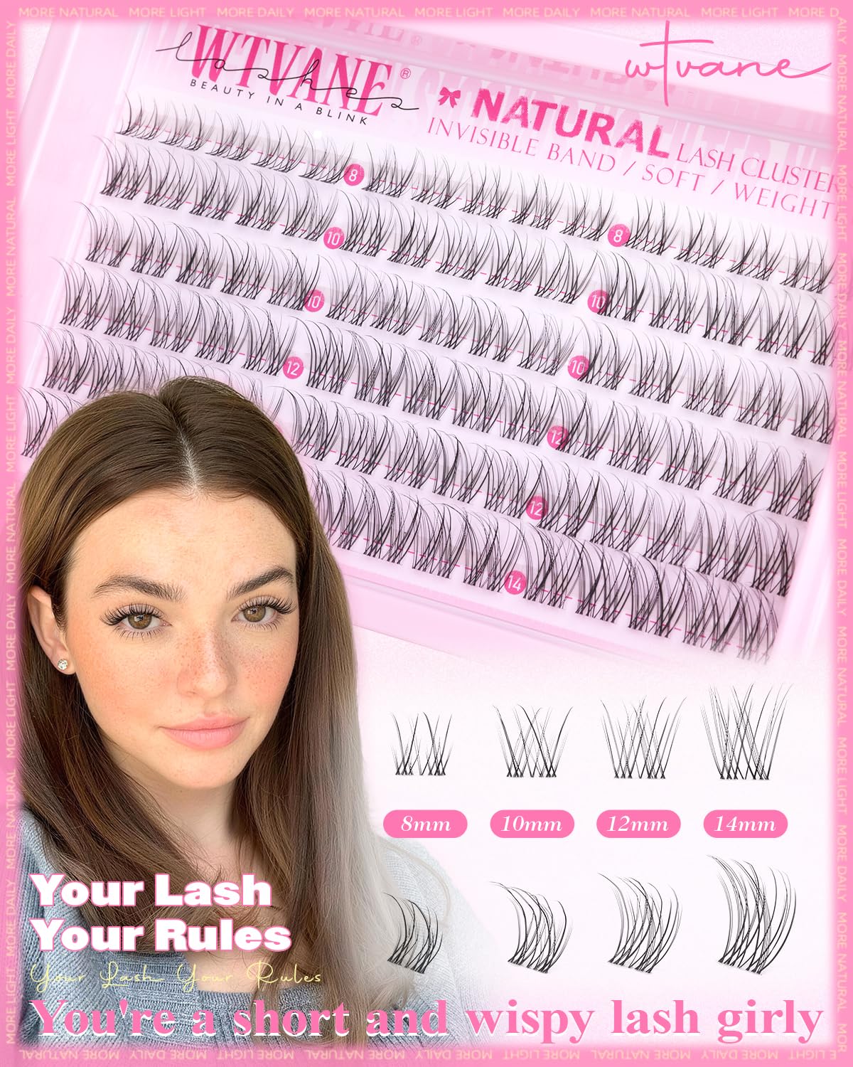 Wtvane Lash Clusters Natural 8-14mm Short Cluster Eyelash Extensions Wispy Eyelash Clusters Clear Band Lashes Clusters Pestañas Postizas Naturales C Curl Individual Lashes Extensions Natural Look