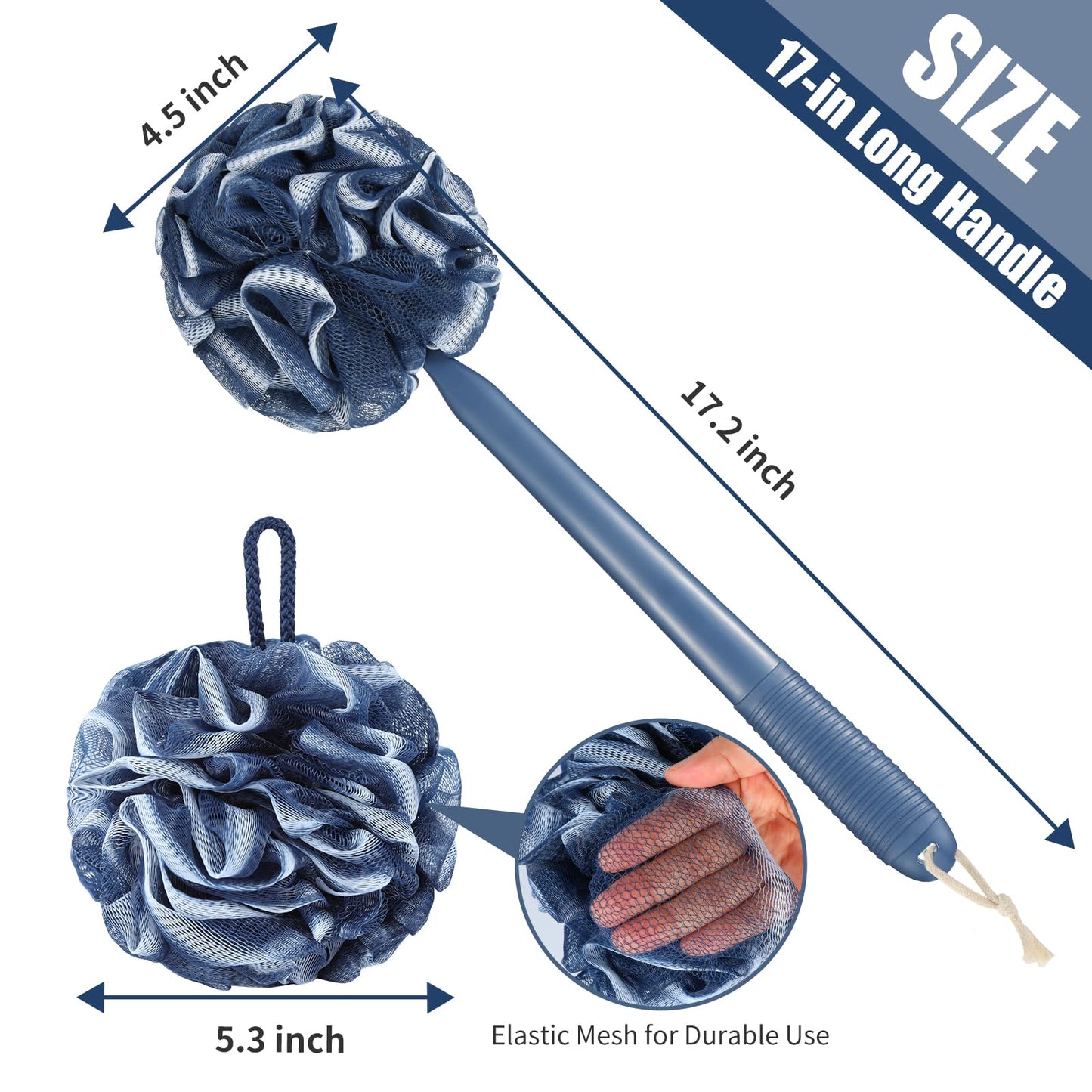 VANZAVANZU Loofah Sponge Set Loofah Exfoliating Body Scrubber, Anti-Slip Plastic 17" Handle Loofah on a Stick with Fluffy Shower Sponge, PE Soft Mesh Shower Loofahs-Blue with White Edge