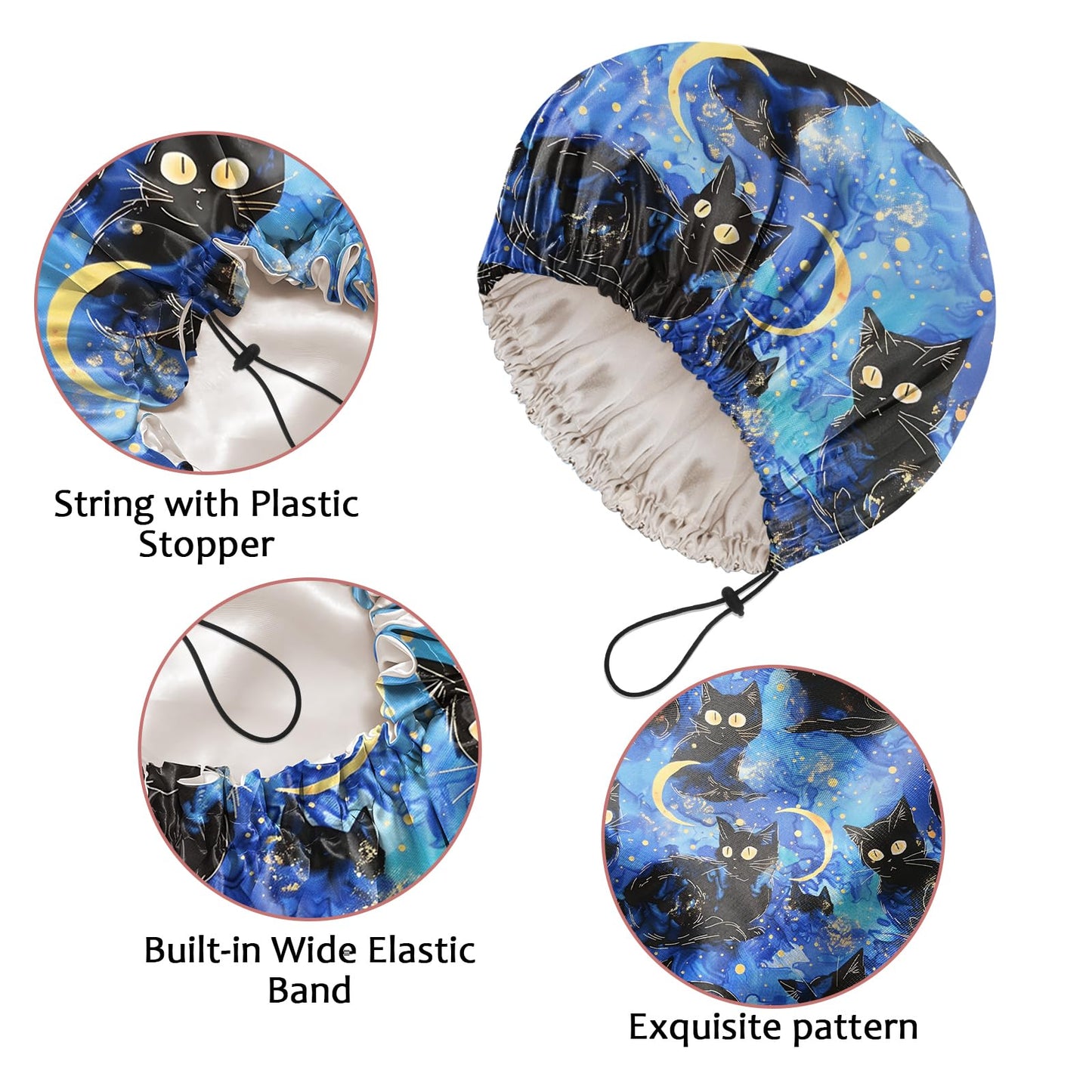 Cabreche Luxury Shower Cap Satin Silk Lined Adjustable Elastic Reusable Waterproof Shower Bath Cap Cute for Women Girls-Black Cat Blue