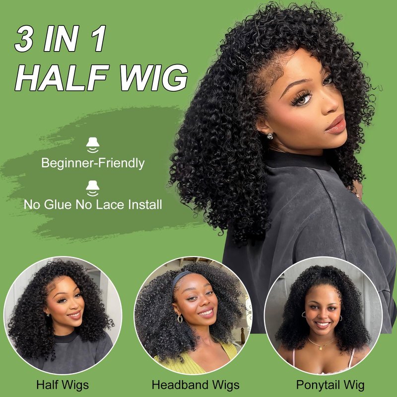 Kinky Curly Half Wig Human Hair 200 Density 3 In 1 Seamless Flip Over Half Wig 20 Inch Drawstring Headband Wig Human Hair Glueless Wear and Go Beginner Friendly Curly Human Hair Wigs for Women
