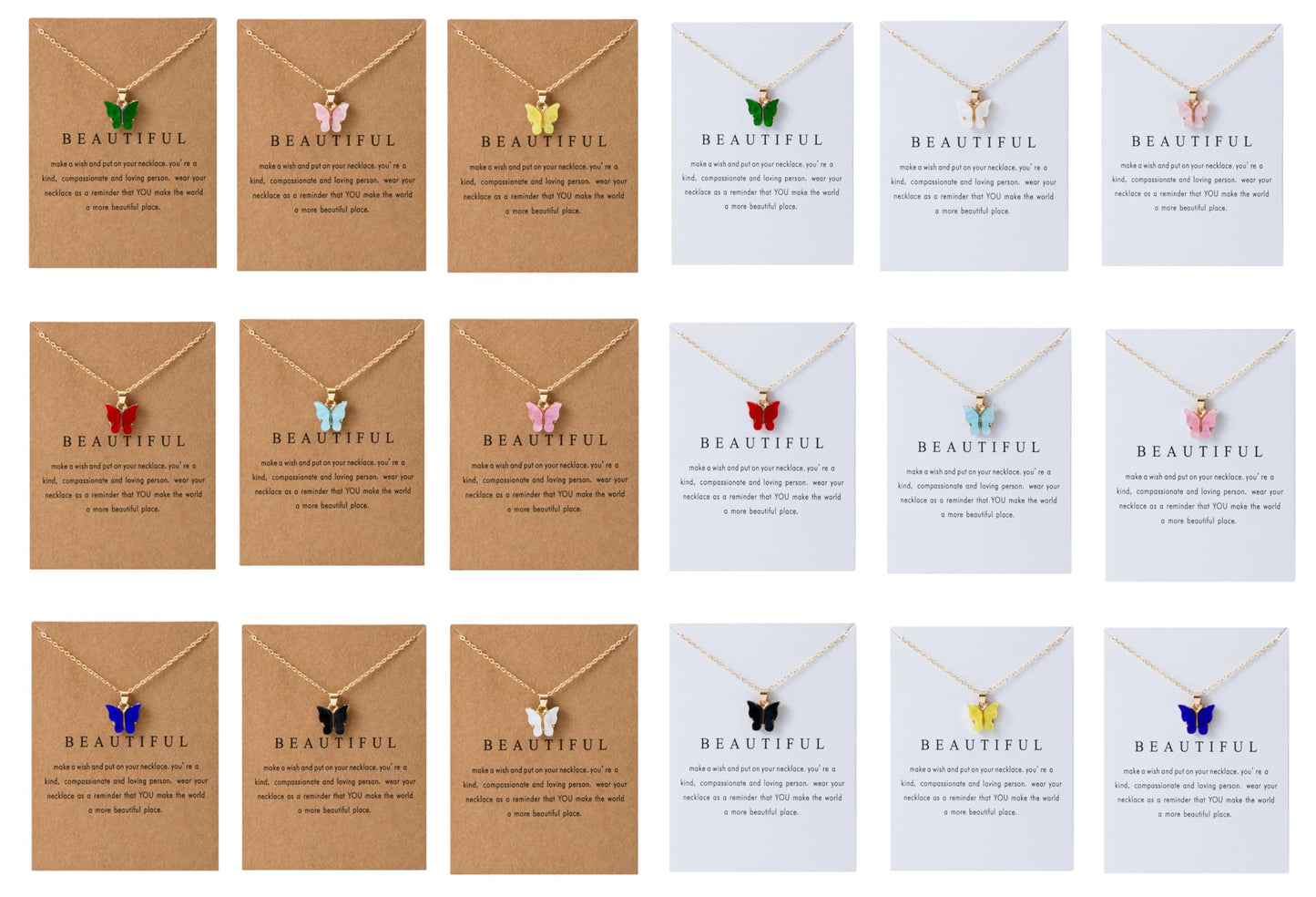 18PCS Colorful Butterfly Pendant Necklace for Women Bohemian Acrylic Adjustable Retro Card Clavicle Chain Insect Animal Necklace Friend Friendship Party Jewelry Gift (Golden Card & White Card 18pcs)
