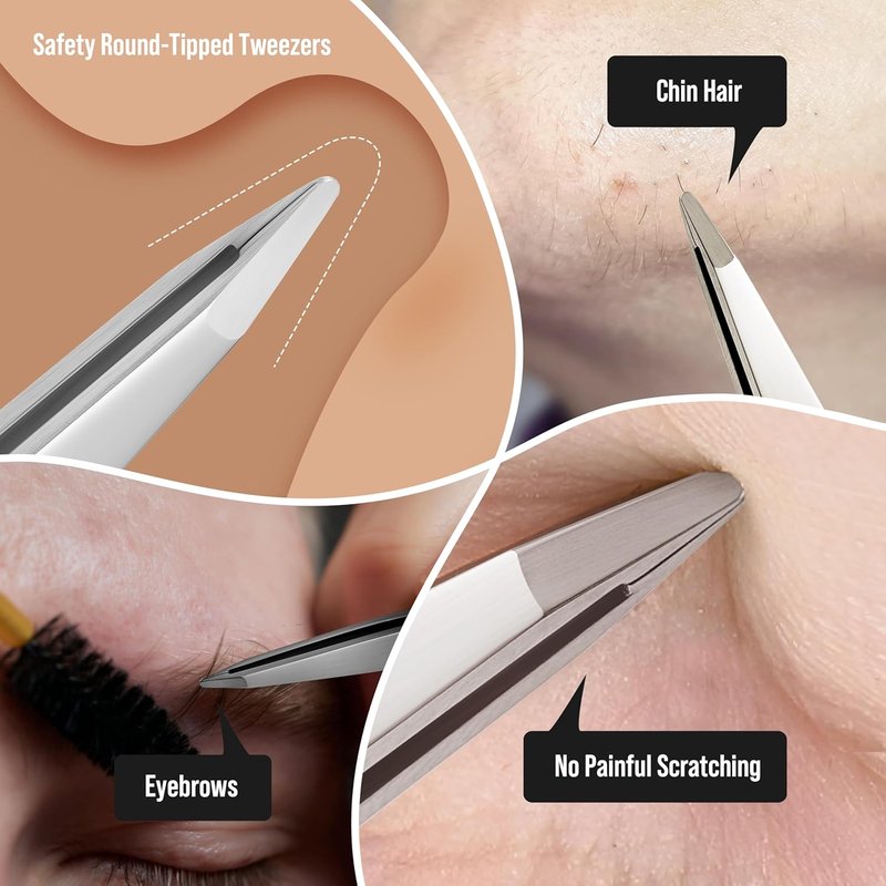 Round Tip Tweezers for Women - Precision Stainless Steel Eyebrow & Chin Hair Removal | Blunt Tip Design