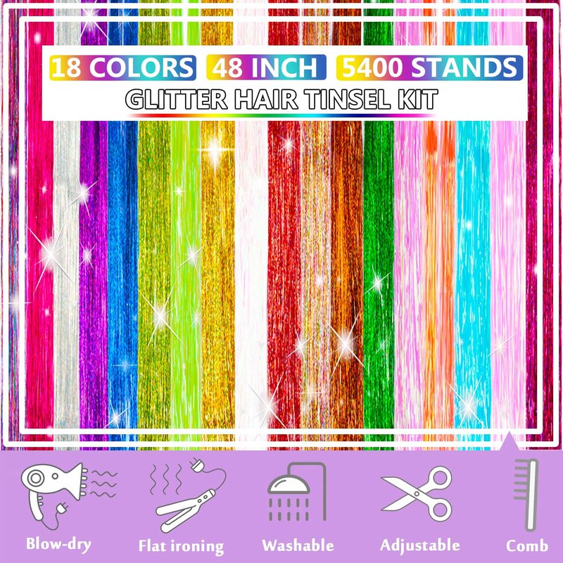 Skiennix Hair Tinsel Kit - 18 Color Sparkly Extensions with 7800 Strands | Heat Resistant Glitter for Festivals