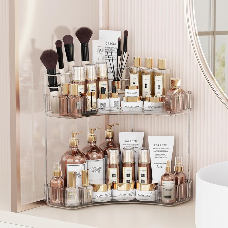 2-Tier Corner Bathroom Counter Organizer - Large Makeup & Skincare Holder | Clear Finish