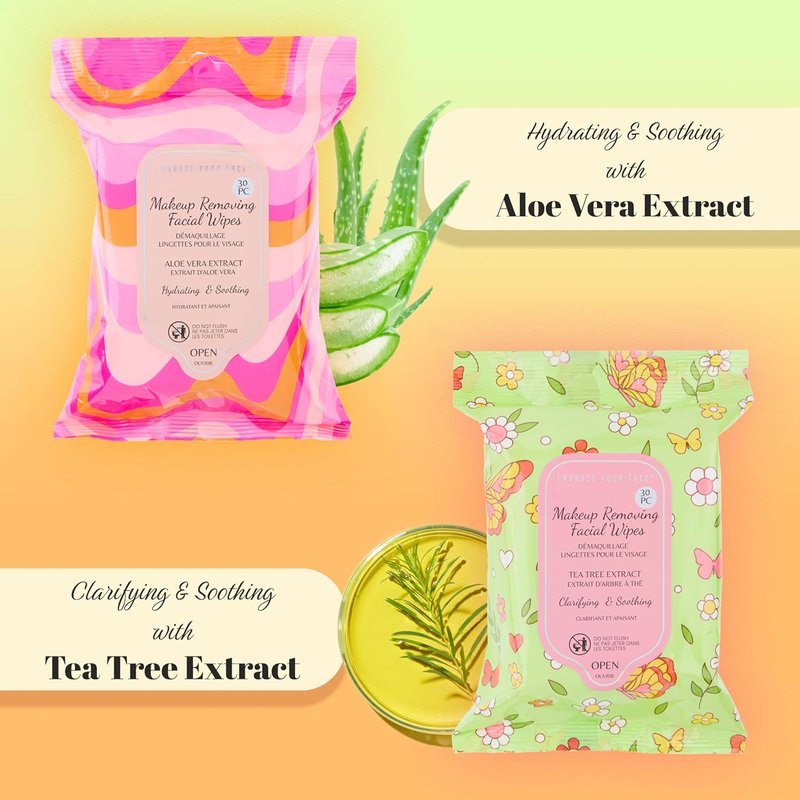 Makeup Removal Wipes Variety Set - 120pcs Charcoal, Tea Tree, Cucumber & Aloe Vera Cleansing Towelettes | 4-Pack