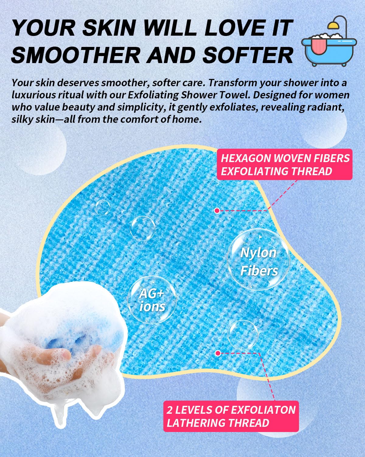3 Pack Back Exfoliator for Shower and Dead Skin Removal, Exfoliating Body Scrubber for Smooth Skin Japan Washcloth for Shower & Bath, Versatile Body Scrub Towel